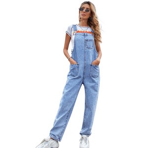 Women's Casual Straight Leg Denim Jumpsuit Patch Pocket Adjustable Wide Strap Loose Jean Overalls