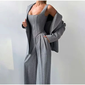 Lady's Cozy Comfort 3-Piece Casual Solid Suit Set Long-Sleeve Blazer Coat High-Waist Wide Trousers Fishbone Top Pleated