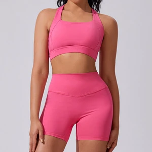 Women's Gym Yoga Sports Set Breathable Lightweight Nylon/Spandex 2-Piece Custom Logo Shirt Shorts High Quality Pilates Tracksuit