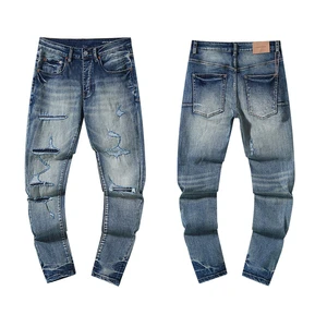 Custom Pu Vintage Washed Distressed Blue Casual Men's Jeans, Mid-Rise Straight Ripped Pencil Skinny Denim Pants
