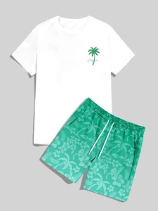 Casual Breathable Short-Sleeve Summer Vacation Printed Satin Suit TZ1017#