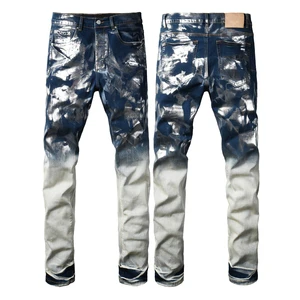 Mens Tie Dye Denim Jeans Streetwear Holes Destroyed Washed Pants Straight Trousers