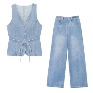 2025 Summer New European American Style V Neck Sleeveless Waist-Cinching Simple Denim Vest Women's Casual Wide-Leg Jeans Suit