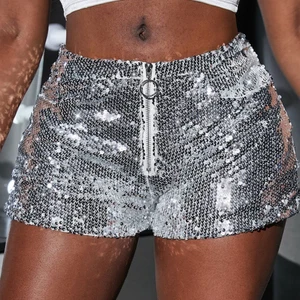New Arrival Women's Club Party Glitter Silver Black Shorts Sexy Sequin Zipper Shorts