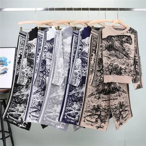 B41025 Fashion Set Women's Autumn/winter Printed Wide-leg Pants Slimming European Two-piece Tiger Knit Sweater