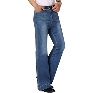 Men's Flare Pants Stonewashed Denim Mid Waist Loose Fit Casual Blue Cotton Solid Party Jeans