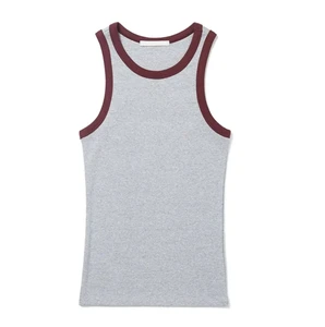 Women's Grey Melange Tank Top Burgundy Contrast Trim Round Neck Sleeveless Fitted Vest Basic Casual Camisole