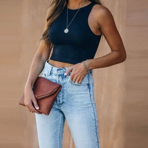 Custom 84% Polyester 16% Spandex Women's Sleeveless Halter Neck Double Lined Casual Basic Tank Crop Tops