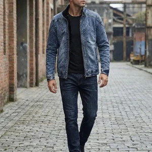 Men's Washed Classic Slim-Fit Denim Jeans Jacket Coat Blue Black With Fleece Lining