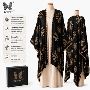 Premium Handmade Embroidered Kimono Shawl Ocean Motif Seashell Coral Scalloped Edge Oversized Resort Women Cover Up