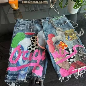 2026 New Design Custom High-quality Y2K Men's Streetwear Blue Aid Washed Vintage Applique Cotton Jeans Shorts