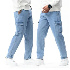 Custom High Quality Men's Cargo Denim Jeans Trouser Pants Oversize Button Waist Loose Fit 7 Pocket Style Stonewashed For unisex
