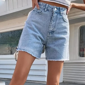 Streamgirl Blue High Waist Frayed Hem Denim Shorts Women Vintage Light Wash Wide Leg Casual Summer Jean Shorts