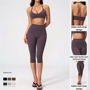 2-Piece Yoga Workout Set Spandex/Nylon Quick-Dry Fabric V-Neck Halter Top Calf-Length Sleeveless Pants for Summer Fitness