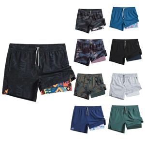 Custom Sublimated 2 In 1 Swim Mens Shorts Fitness Running Shorts Swimming Trunks Mens Beach Shorts With Compression Liner
