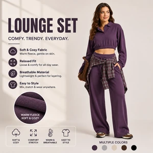 Women Polo Lounge Set Soft Stretch Cropped Top Wide Leg Pants Two Piece Casual Tracksuit Daily Outfit