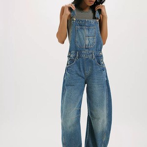 Women's Slouchy Fit Overall Adjustable Buckle Jean Jumpsuit Washed Cotton Dungarees Custom Logo Factory