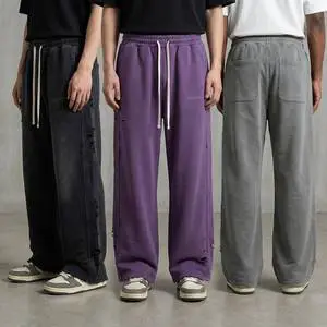 Men's Streetwear Heavyweight Baggy Acid Wash Sweatpants Distressed Wide Leg Straight Cut Custom Graphic Screen Printed Trousers