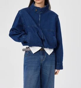 Women's Dark Blue Denim Bomber Jacket, Stand Collar Zip up Elastic Hem Casual Crop Jean Jacket for Spring Autumn