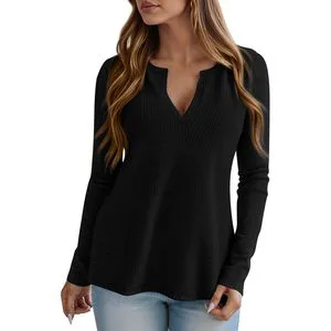 Custom Women's Long Sleeve Knit Tops 2025 Fall/Winter V-Neck Waffle Basic Tee Casual Dressy Blouses Tunic Tops