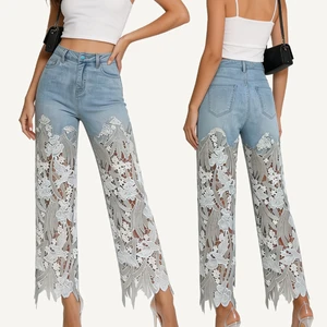 Wholesale Summer Women's Lace Patchwork Jeans Retro Straight Leg Denim Pants Niche Design Slimming Vintage Streetwear Trousers