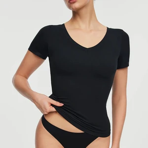 OEM Custom Logo Women's V-neck Yoga T-shirt Second Skin Felling Butt Soft Yoga Top for Women
