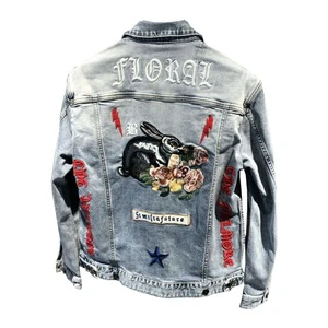 Custom logo Y2K Riding Coats With Patched Work Denim Men's Jackets Washed Denim Jacket With Embroidery