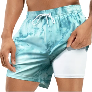 European American 2-in-1 Men's Professional Quick Dry Beach Pants Loose Flat Angle Swimming Trunks Solid Two-Piece Shorts