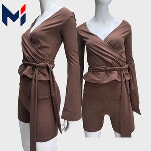 OEM High Elastic V Neck Wrap Waist Top Cropped Slim Fitted Long Sleeve Yoga Top