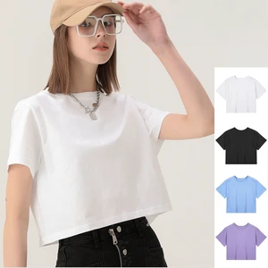 Women's Summer Oversized Cotton Crop Tops Loose Fit Short Sleeves Embroidered Basic Athletic Yoga Running Gym Cropped T-Shirts