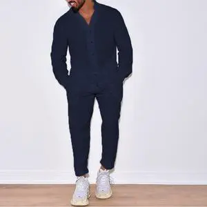Men's Casual Vintage Summer Polyester Suit Fashion Comfortable Solid Color Stand Collar Shirt Street Loose Long Sleeve Two-piece