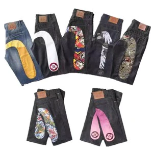 Five-point High Waist Nylon/Cotton Men's Streetwear Hip-Hop Summer Printed 'Lucky God' Design Oversized Loose-Fit Denim Shorts