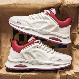 Factory Direct Men Retro Color Block Running Sneakers, White Wine Red Lace-Up Thick Sole Comfort Daily Casual Footwear