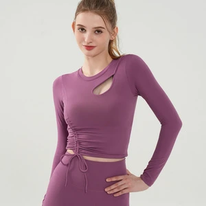 Yoga top with long sleeve and bra pad integrated premium yoga top drawstring for slimming fitness fitness training, yoga top