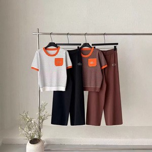 Cross-border Fashion Loose Anti-wrinkle Striped Knitted Casual Suit 2026 Women's Top And Wide-leg Pants Two-piece Set