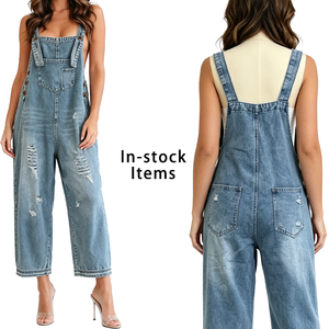 Wide Leg Distressed Denim Overalls Women Ripped Baggy Fit Jumpsuit Heavyweight Vintage Jean Overalls Streetwear