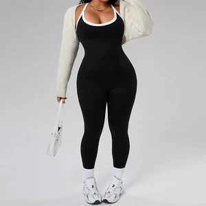 Plus-size European American Style Color-blocked Seamless Spandex/nylon One-piece Yoga Jumpsuit Women Crisscross Straps Beautiful