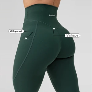 Custom Solid Sports Yoga Pants High Waist Stretch Scrunch Butt Lift V Back Yoga Leggings Pockets Workout Gym Leggings for Women