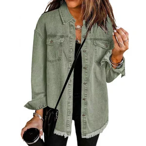 Women's Fall Spring Denim Jackets Long Sleeve Jean Jacket Shirt Button Down Solid Shacket Casual Boyfriend Shackets with Pockets