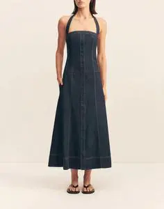 Hot Sale Sleeveless Denim Dresses Clothing Manufacturers Custom High Quality Pleated Cotton Denim Jeans Dress Women