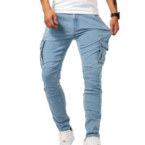 30-36 Street Elastic Jeans Plus Size Men Denim Cargo Pants Solid Color Multi Pockets Casual Mid Waist Slim Trousers