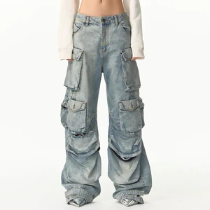 Custom Logo OEM ODM Baggy Loose Cargo Jeans Men With Multi Pockets Distressed Washed Jeans Men Denim Cargo Pants