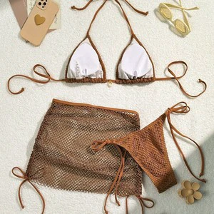 3 Piece Set Colorful Halter Solid Women's Plus Size Breathable Swimsuit Solid Pattern Bikini Set Swimwear