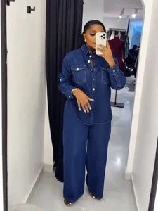 Trendy Solid Denim Sets Women Casual Long Sleeve Lapel Top Straight Pants Loose Jeans 2-Piece Outer Suit Sand Washed All Seasons