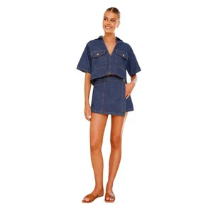 Women's Vintage Casual Summer V-Neck Short Sleeve Loose and Irregular Design Washed Denim Suit
