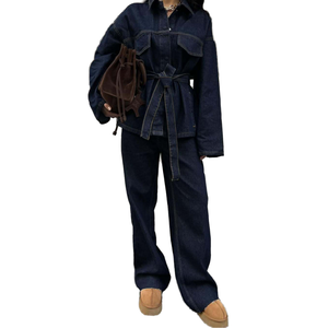 Stylish Women's Casual Denim Set Woven Two-Piece Jeans Lapel Jacket Trousers Autumn Daily Wear Featuring Belt Decoration Quick