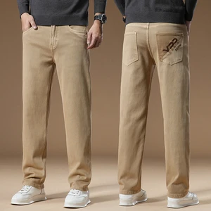 Men's Stretch Straight Leg Khaki Denim Pants, Solid Color Letter Embroidered Back Pocket Casual Trousers