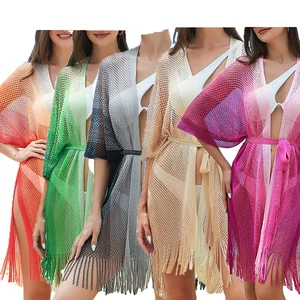 One Size Sunscreen Fringe Bikini Cover up Beach Hollowed Out Split Top Vacation Beach Clothes
