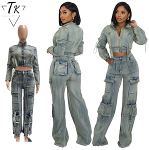 Think Denim Outfits Stretch Cotton Denim Crop Jacket Cargo Jeans Sets Slim Two Piece Jeans Denim Set Women Clothing