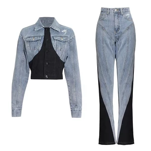 OEM Service Long Sleeve Sexy Cargo Jeans Clothing Sexy Plus Size Blue Jean Jacket and Pants Two Piece Jeans Women's Denim Sets